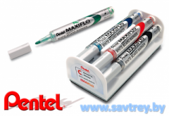 Pentel маркер для доски Maxiflo c подкачкой набор 4 цвета + щетка